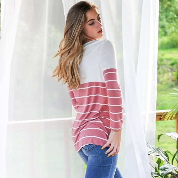 Vine & Love Pink Striped Twist Front Tee S M L - Picture 8 of 11